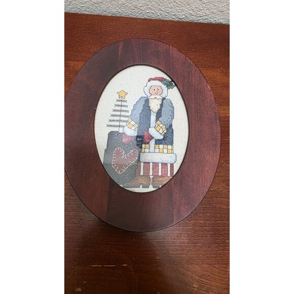 Santa Claus Cross-Stitch In Oval Wooden Frame - Picture 2 of 5